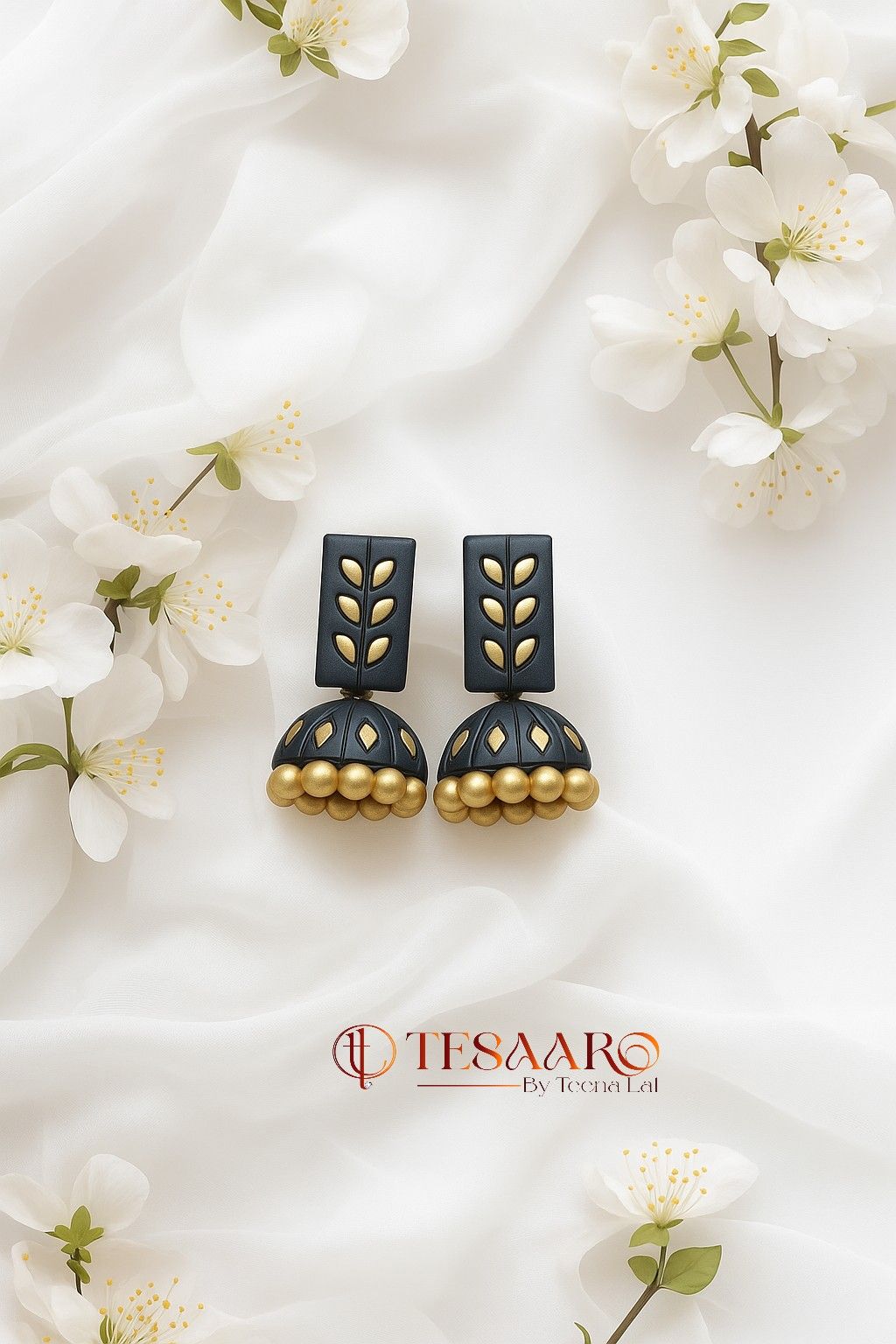 Tesaaro Terracotta Black & Gold Jhumka Earrings-testimonial